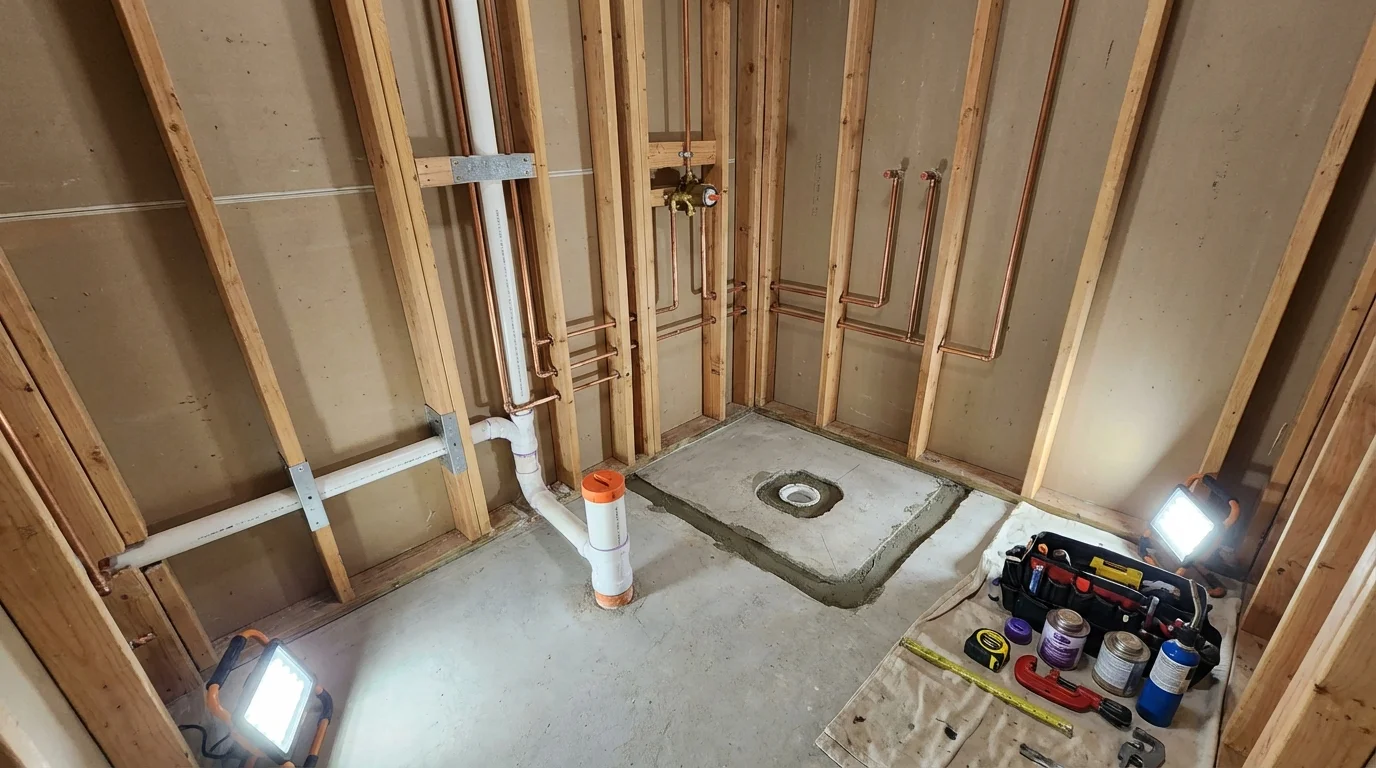 Bathroom rough-in plumbing during remodel by Johns Plumbing LLC in Fort Montgomery
