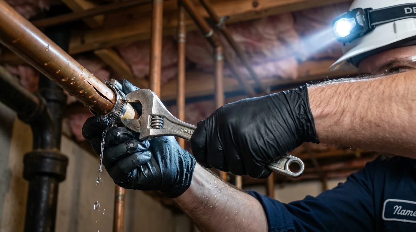 Emergency pipe clamp repair being performed by a Johns Plumbing LLC plumber in Fort Montgomery
