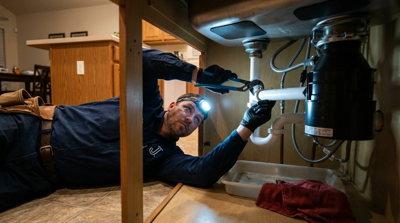 P-trap and supply line connections under a kitchen sink showing a common leak point in Fort Montgomery, NY